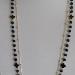 Women Gold necklace,double chain,black clover